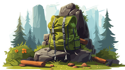 A sturdy backpack packed with camping gear leaning