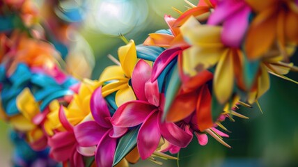 Exotic lei garland of tropical flowers in brilliant colors