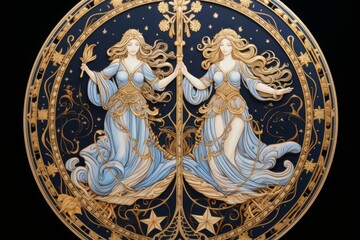 Fototapeta na wymiar Golden gemini zodiac sign shining isolated on black background in vector style illustration