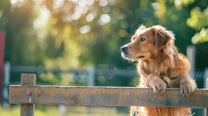 Golden retriever patiently waiting by the wooden fence - obrazy, fototapety, plakaty