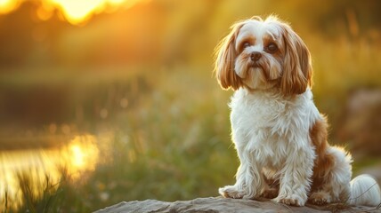 A Shih Tzu dog sitting on a rock at sunset with a soft focus background