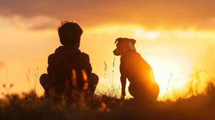 Silhouettes of a child and dog sitting together, watching a vibrant sunset