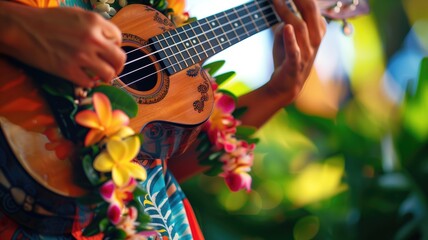 Obraz premium Vibrant ukulele playing in tropical setting with flowers