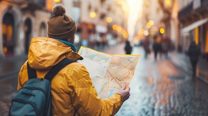 Traveler in a yellow jacket reading a map in an urban setting - obrazy, fototapety, plakaty
