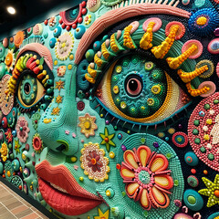 Vibrant textured artwork with multiple eyes, colorful flowers, and three-dimensional effects