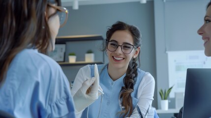 Female doctors wearing blue surgical overalls, smiling as they work and communicate, the indoor environment of the doctor's office,