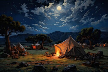 Camping in the mountains at night with tents and fire, illustration. Camping travel concept. Night camping near the forest under a magical sky. vacation camping.