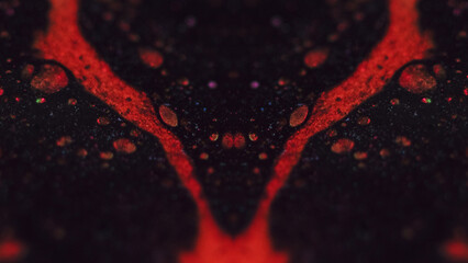 Paint spill. Ink kaleidoscope. Defocused red black color bubble texture fluid drip flow motion...