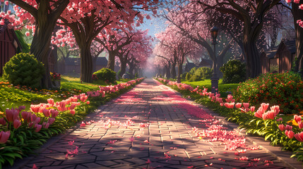 Scenic pathway lined with blooming pink trees and fallen petals on the ground