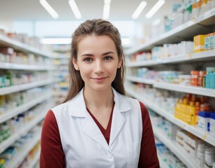 A woman in a white lab coat stands in a pharmacy aisle. She is smiling and looking at the camera