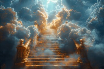 Stairway to heaven in heavenly, Religion background - obrazy, fototapety, plakaty