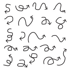 Hand drawn arrow mark icon. Freehand scribble curved lines, swirl arrows. 11:11