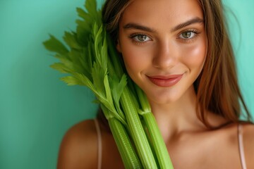 Naklejka premium Happy beautiful woman holding celery stalk on turquoise background