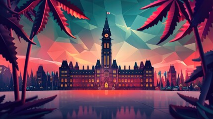 Parliament or governmental building with symbols of medical marijuana legalization, cityscape with a foreground of cannabis leaves - obrazy, fototapety, plakaty