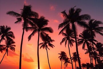 Fototapeta na wymiar Vibrant sunset with silhouetted palm trees creating a romantic evening sky scene