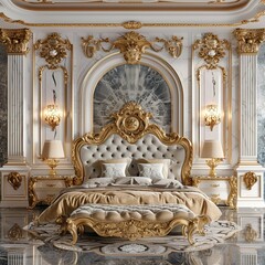 A decadent bedroom featuring a spacious bed and an elegant chandelier hanging from the ceiling.