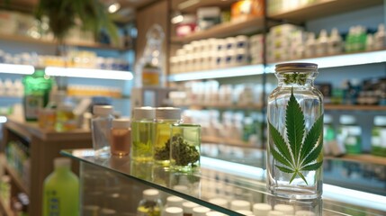 A variety of cannabis products with distinctive cannabis leaf branding on display at a modern dispensary shelf, pharmacy with a availability of medical marijuana