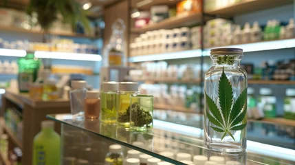 Fotobehang A variety of cannabis products with distinctive cannabis leaf branding on display at a modern dispensary shelf, pharmacy with a availability of medical marijuana © Rodica
