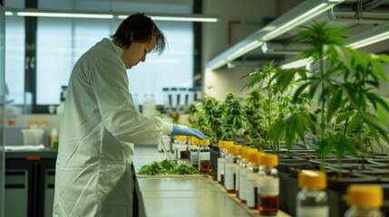Fototapeta na wymiar Cannabis Cultivation Research in Lab. Quality control process in the pharmaceutical cannabis industry. Research and analysis in the field of medical marijuana