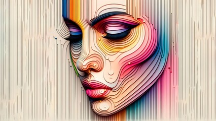 Young woman colorful eye makeup, wave and line, minimalist