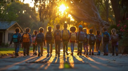 Group of Kids Walking Down Street at Sunset