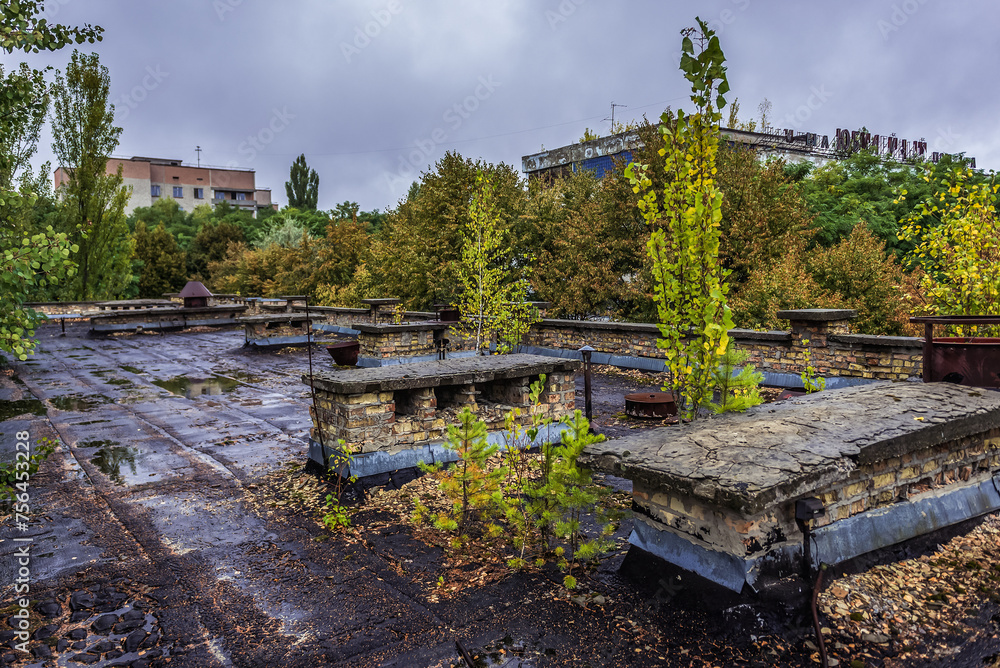 Wall mural On the roof of 3rd High school in Pripyat abandoned city, Chernobyl Exclusion Zone in Ukraine