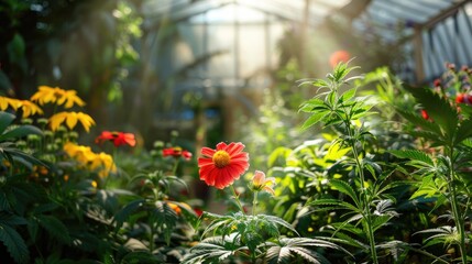 botanical gardens with national flowers and marijuana plants, reflecting medical legalization