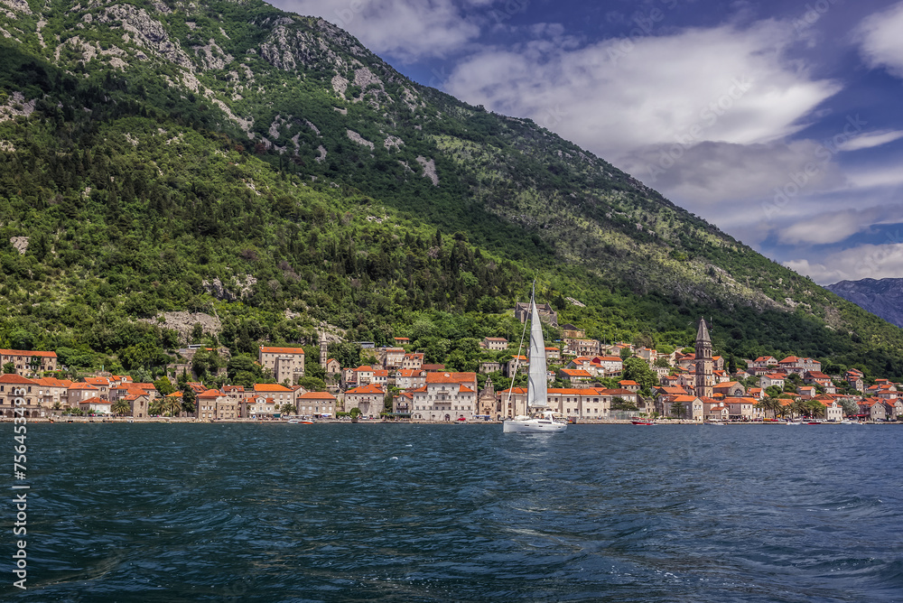 Sticker View on Perast historical town in Kotor Bay on Adriatic Sea, Montenegro