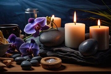 Tranquil spa scene with aromatherapy elements, candles, and relaxation tools