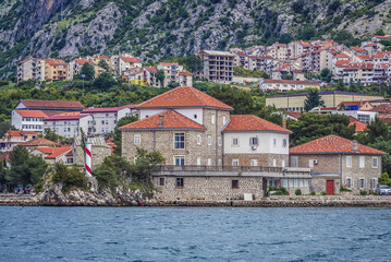 Church of St Elijah and of Institute of Marine Biology in Dobrota, Kotor Bay on Adriatic Sea in...