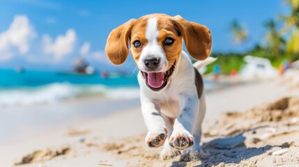 Joyful dog enjoying a carefree run on the sandy beach, providing ample space for text placement