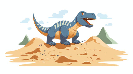 A toy dinosaur stomping through a sandbox 