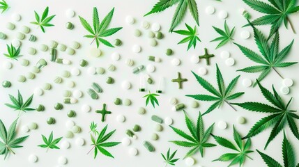 Fototapeta premium Cannabis leaves and medical crosses representing the integration of marijuana in modern healthcare, in the context of medical marijuana legalization