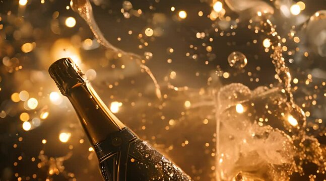 Champagne splash over a full golden bottle