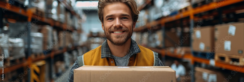 Poster a smiling caucasian warehouse worker holds a cardboard box, ensuring efficient storage and delivery 