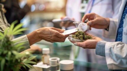 Photo of a patient receiving a prescription for medical marijuana from a healthcare professional - obrazy, fototapety, plakaty
