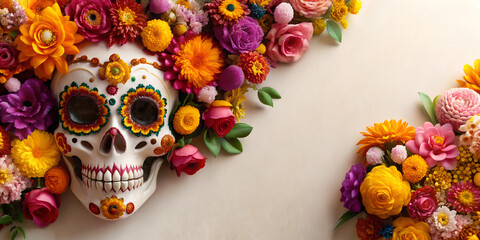 Mexican festive dia de los muertos background with vivid flowers and sugar skulls. Festival cinco de mayo backdrop in Mexico. Day of the dead, all saints day or Halloween holiday with copy space