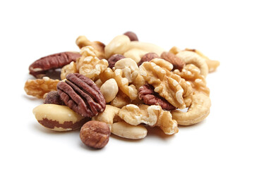 A scattered assortment of walnuts, pecans, hazelnuts, Brazil nuts, almonds, and cashews isolated on...