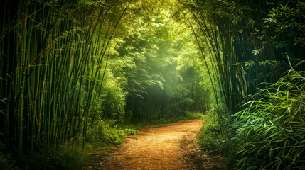 Serene, mystical pathway surrounded by a lush bamboo forest under a soft mist