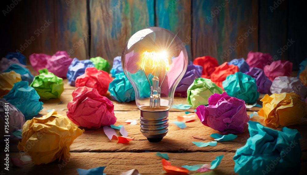 Poster close-up of a glowing light bulb surrounded by a large group of crumpled colorful paper balls on a w