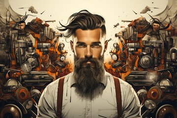 Barber shop collage: A bearded hipster portrait with a mix of various elements in a composition in cartoon style.
