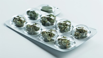 Cannabis Buds and Medicinal Tablets. medicinal packaging with medical marijuana, emphasizing its safety and regulation