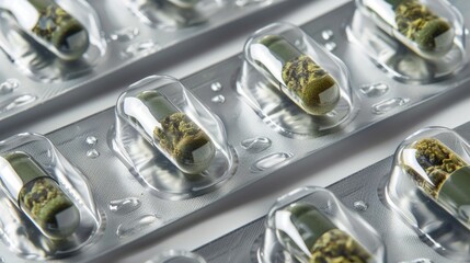 Cannabis Buds and Medicinal Tablets. medicinal packaging with medical marijuana, emphasizing its safety and regulation