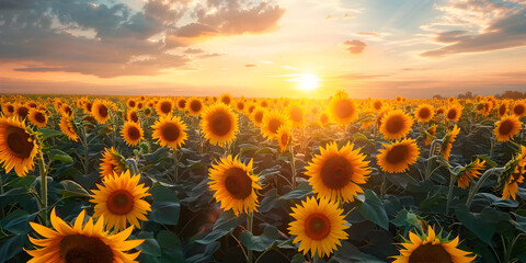 field of sunflowers and Sunflower field at sunset. Nature background. Sunflower blooming. - obrazy, fototapety, plakaty