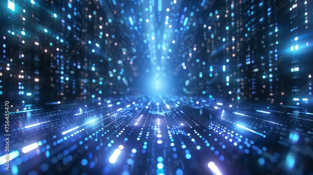 Poster abstract matrix of binary code, flowing streams of data, neon blue glow, symmetrical elegance, high-