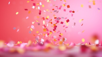 Festive Multicolored shiny sparkling flying confetti on a pink background with copy space. A horizontal banner for Advertising and Text. Birthday, Holiday, Discounts, Sales, Lottery winning concepts.