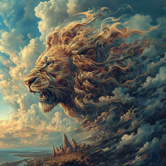 Fantasy lion head cloud painting with a city below.