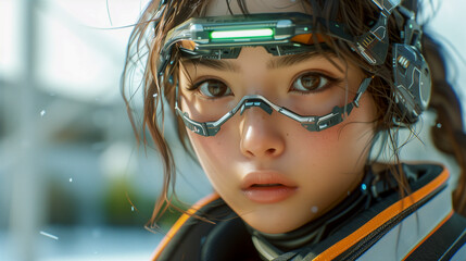 Close-up of a young woman with detailed futuristic goggles and a reflective visor - obrazy, fototapety, plakaty