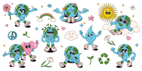 Set of retro groovy Earth planet, sun, water drop and heart characters. Vector funny 60s, 70s vintage Earth Day stickers, stamps, patches or mascots on. World Environment Day concept. Y2K aesthetics.