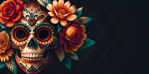 Mexican festive dia de los muertos background with vivid flowers and sugar skulls. Festival cinco de mayo backdrop in Mexico. Day of the dead, all saints day or Halloween holiday with copy space - obrazy, fototapety, plakaty